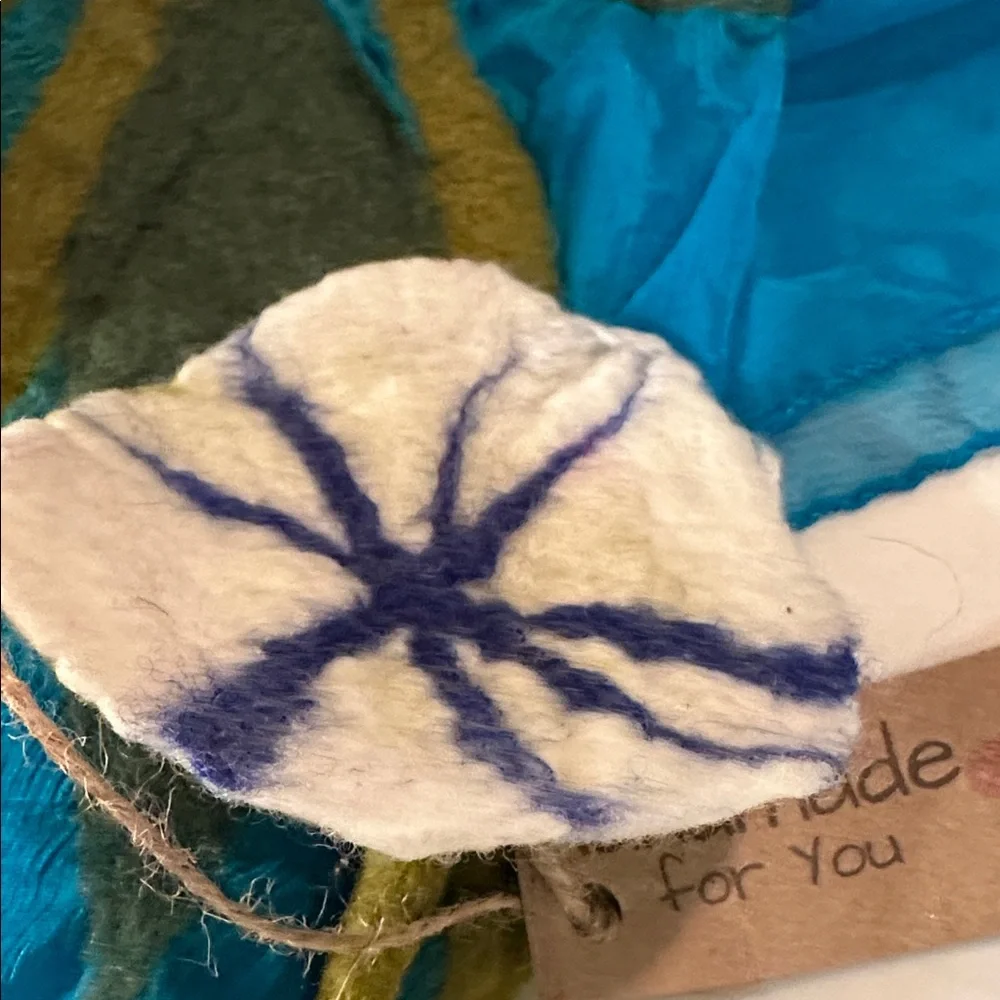 Turquoise Silk Chiffon Scarf with Felted Wool Floral Decor - Picture 2 of 5